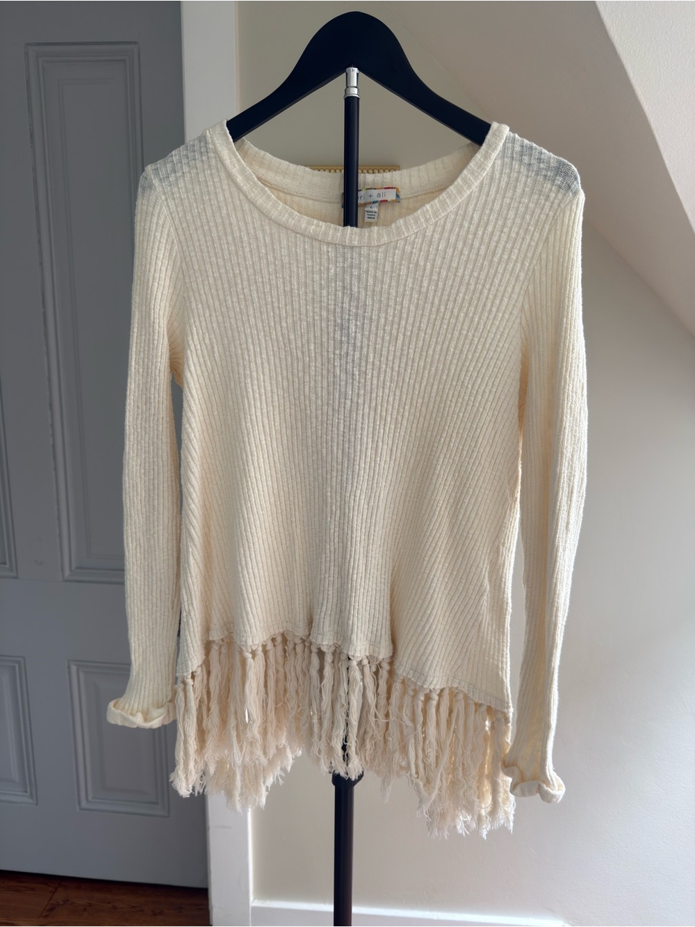 Women’s Cream Ribbed Fringe Hem Long Sleeve Top